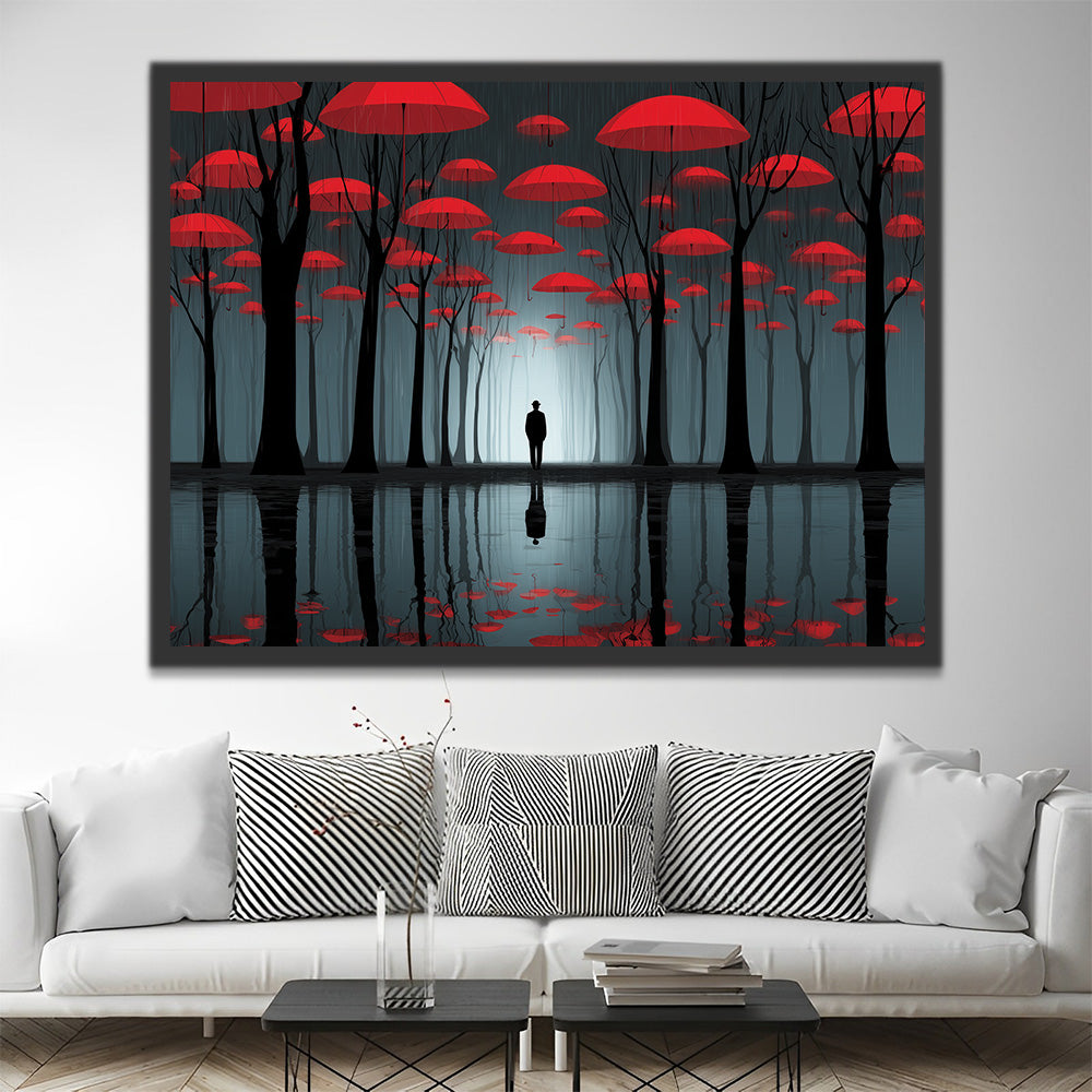 Bosque Oscuro y Paraguas Rojos Flotantes Reflejados en el Agua Pintar por Números