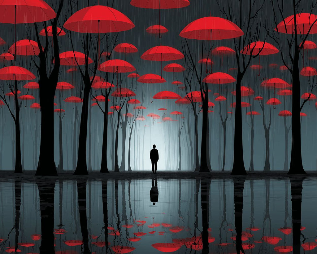 Bosque Oscuro y Paraguas Rojos Flotantes Reflejados en el Agua Pintar por Números