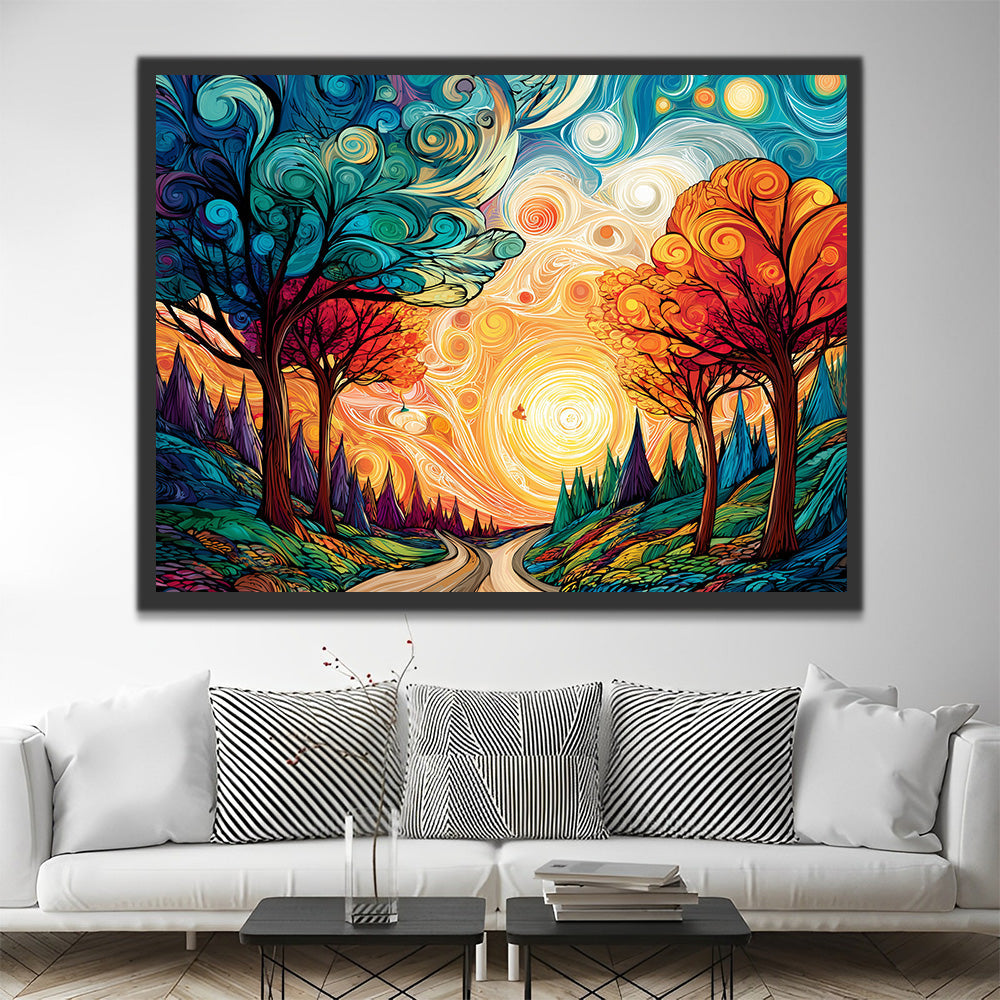 Bosques y Camino bajo Mágica Luz Dorada del Sol Pintar por Números