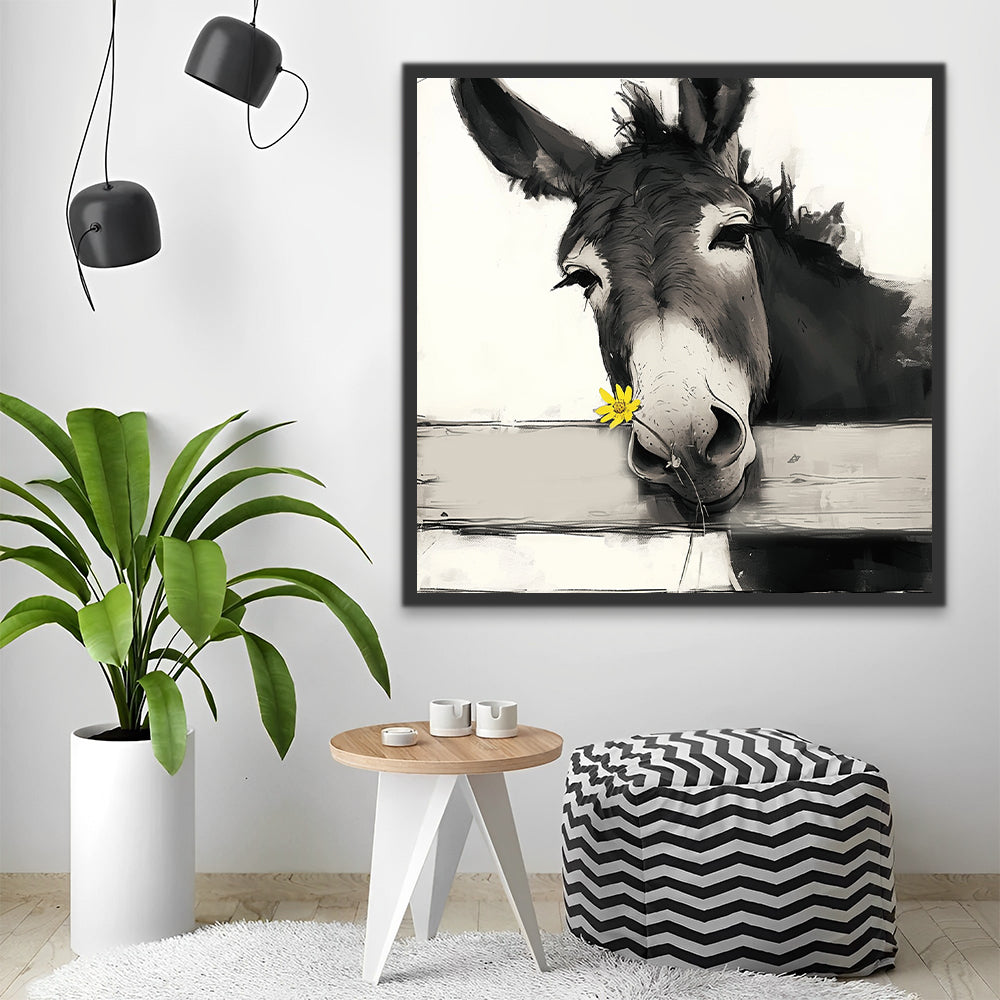 Burro en Blanco y Negro con Flor Amarilla Pintar por Números
