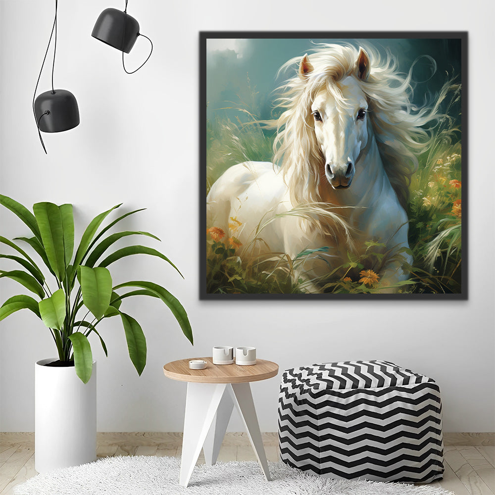 Caballo Blanco Elegante Sentado en las Flores Pintar por Números
