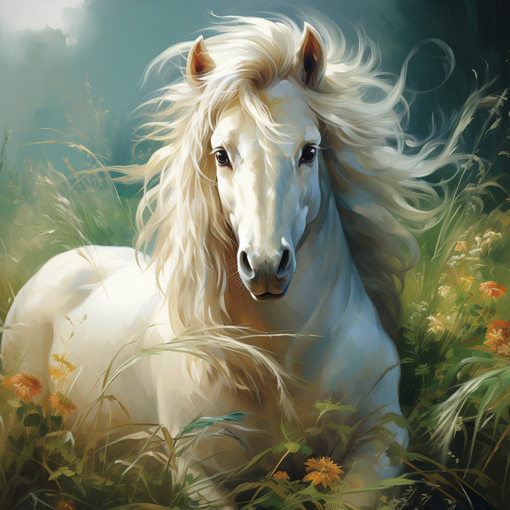 Caballo Blanco Elegante Sentado en las Flores Pintar por Números