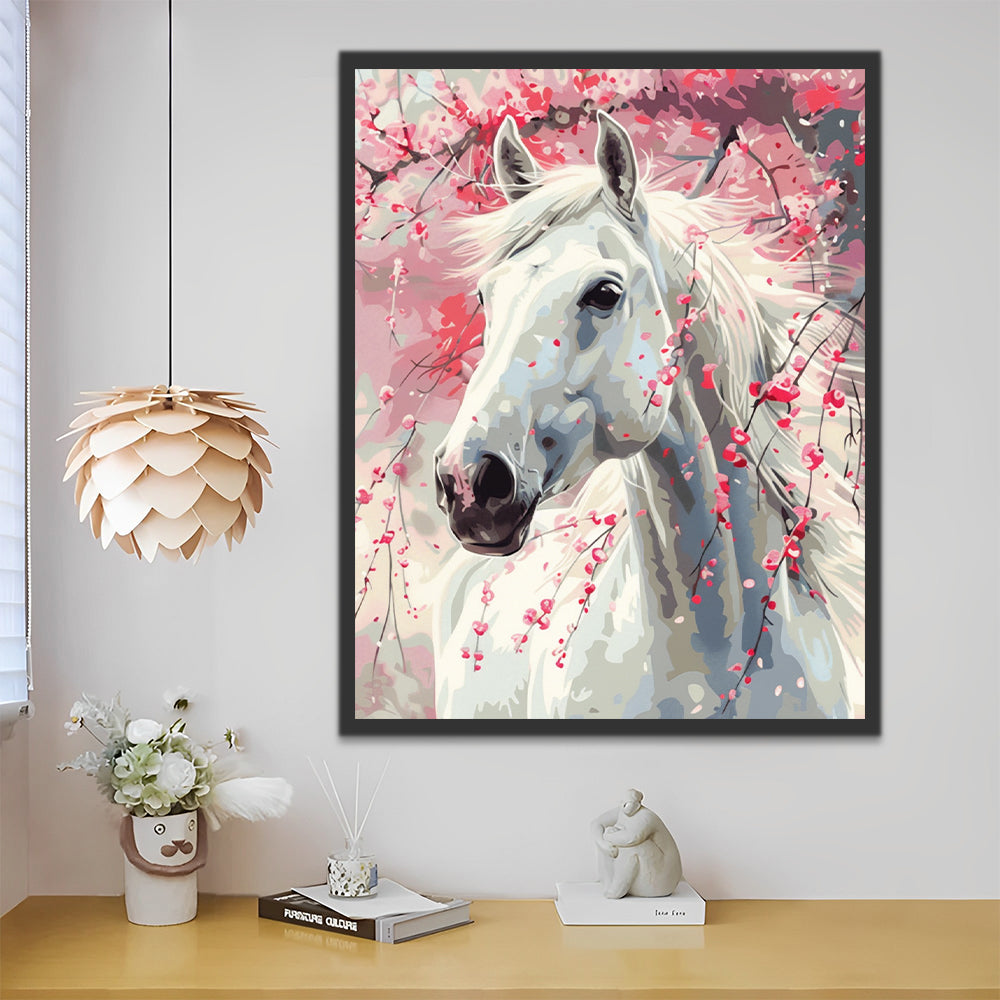 Caballo Blanco y Árbol de Flores Rosadas Pintar por Números