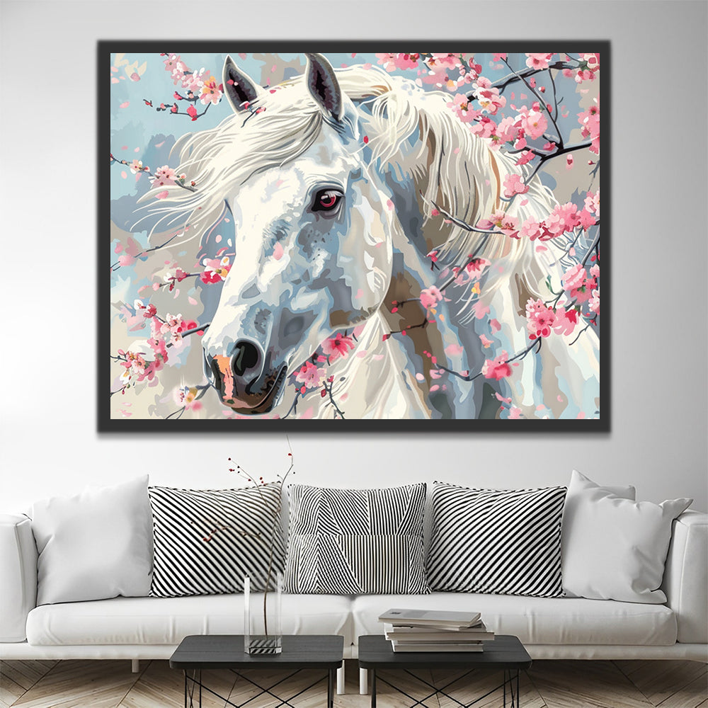 Caballo Blanco y Flores Rosadas Pintar por Números