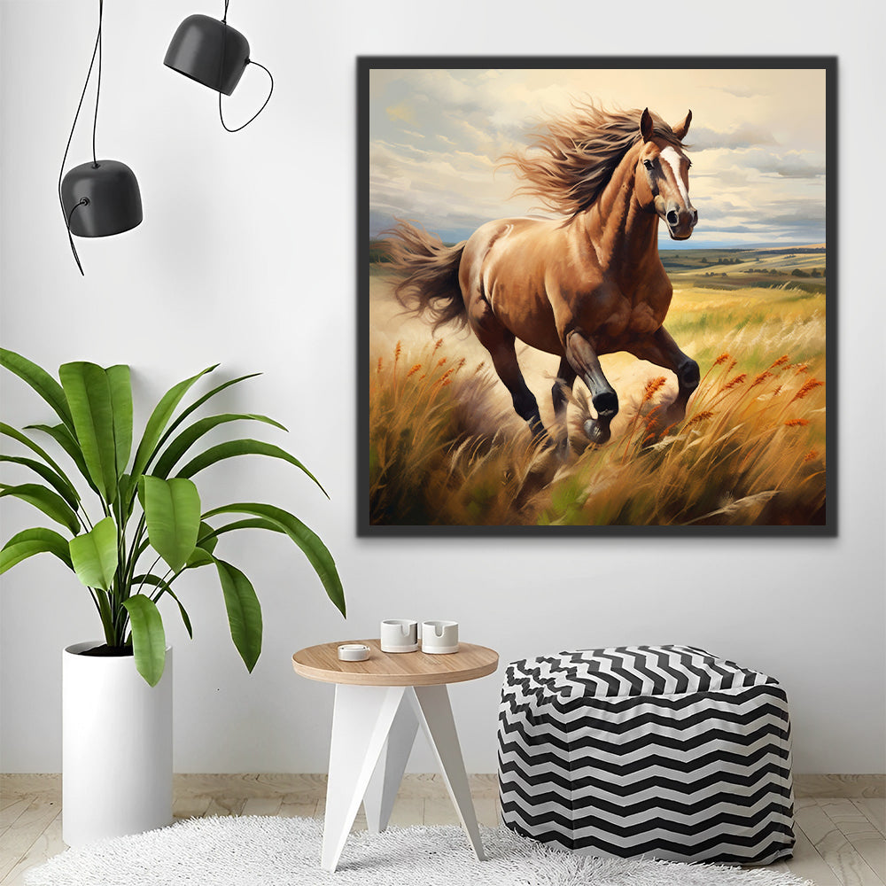 Caballo Marrón Corriendo en Hierba de Otoño Pintar por Números