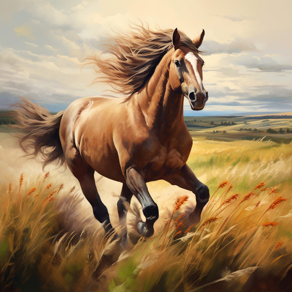 Caballo Marrón Corriendo en Hierba de Otoño Pintar por Números