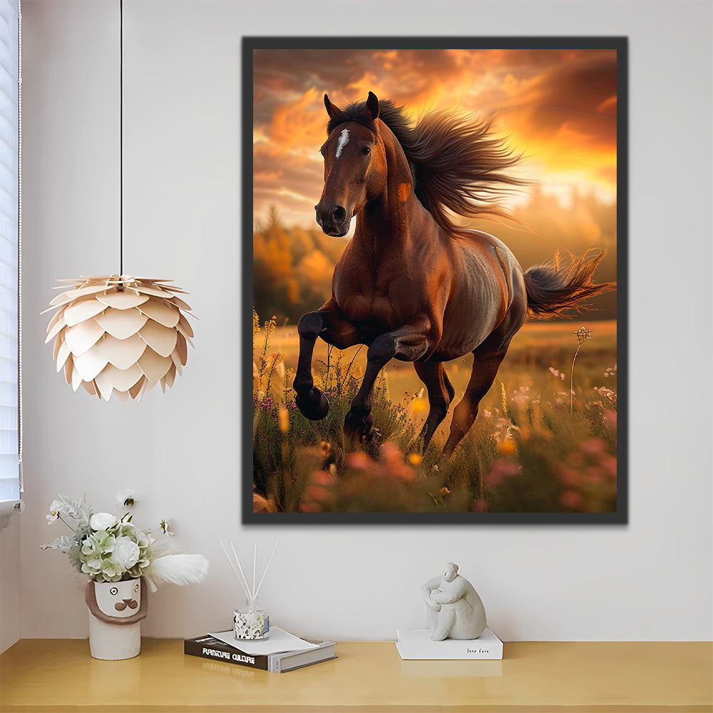 Caballo Marrón Corriendo por las Flores Pintar por Números