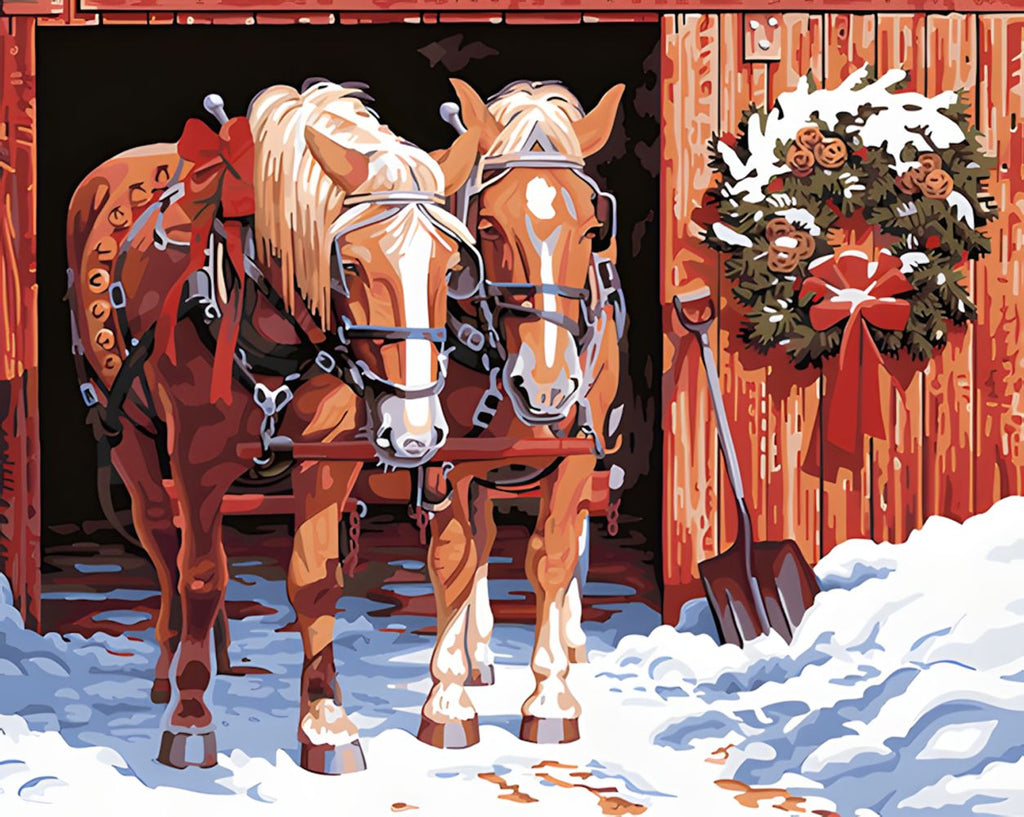Caballos Marrones y Guirnalda de Navidad Pintar por Números