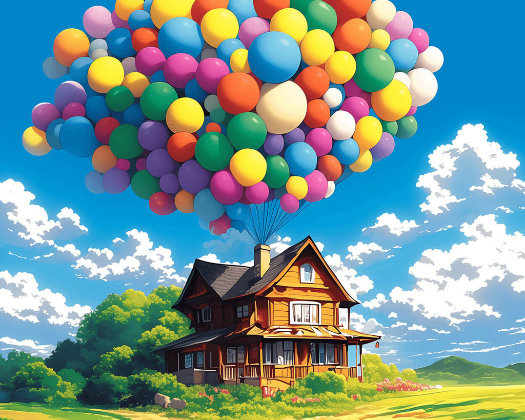 Cabaña con Globos Coloridos en la Pradera Pintar por Números