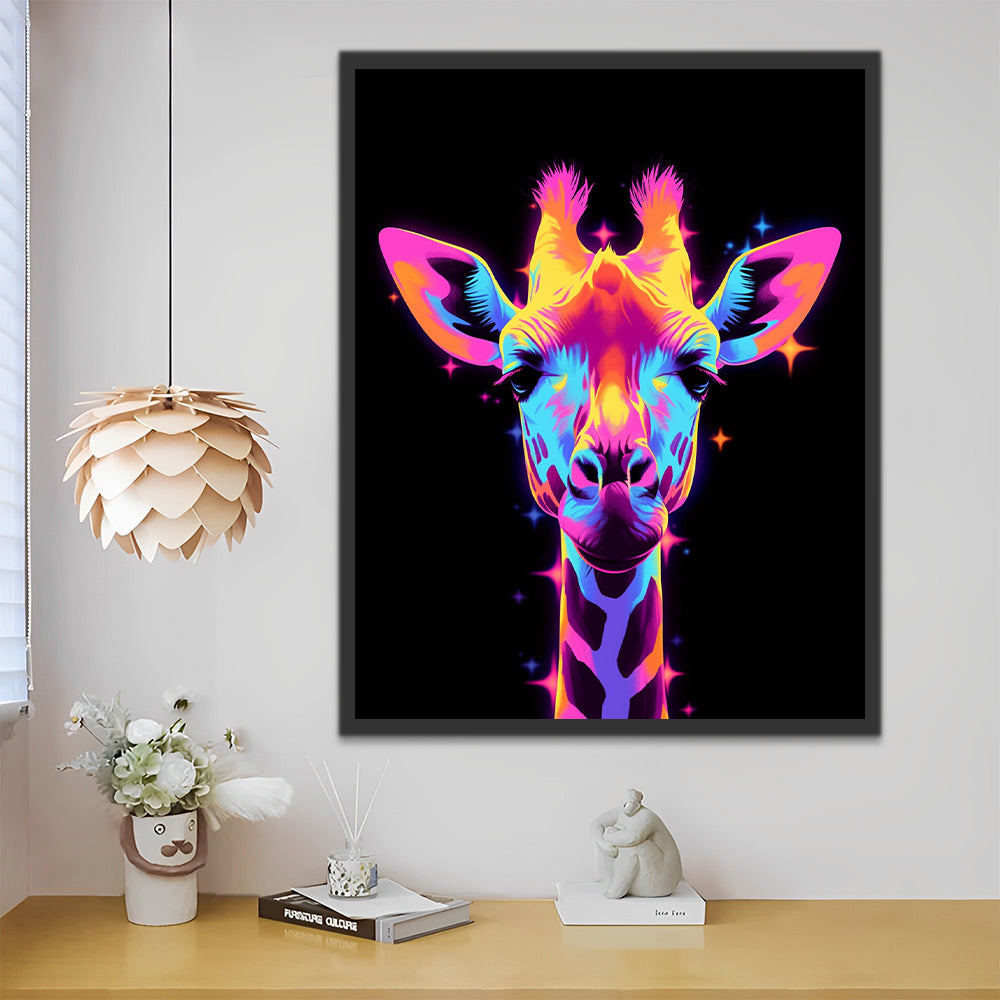 Cabeza de Jirafa de Colores Brillantes en Fondo Negro Pintar por Números