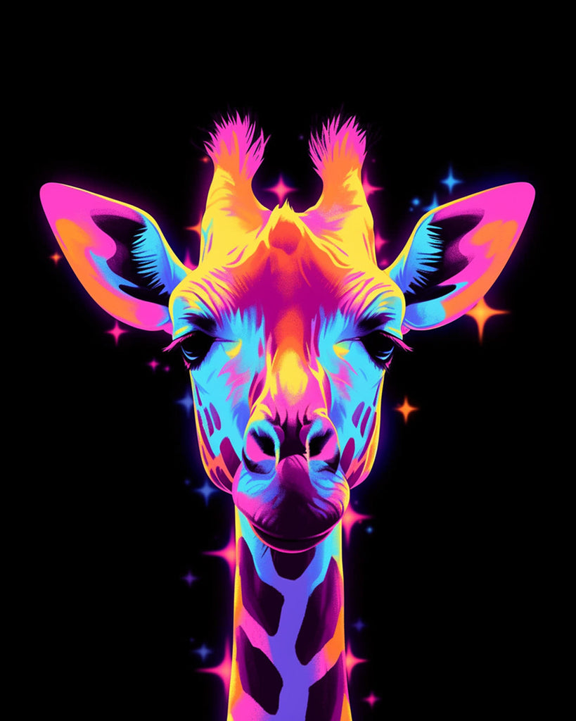 Cabeza de Jirafa de Colores Brillantes en Fondo Negro Pintar por Números
