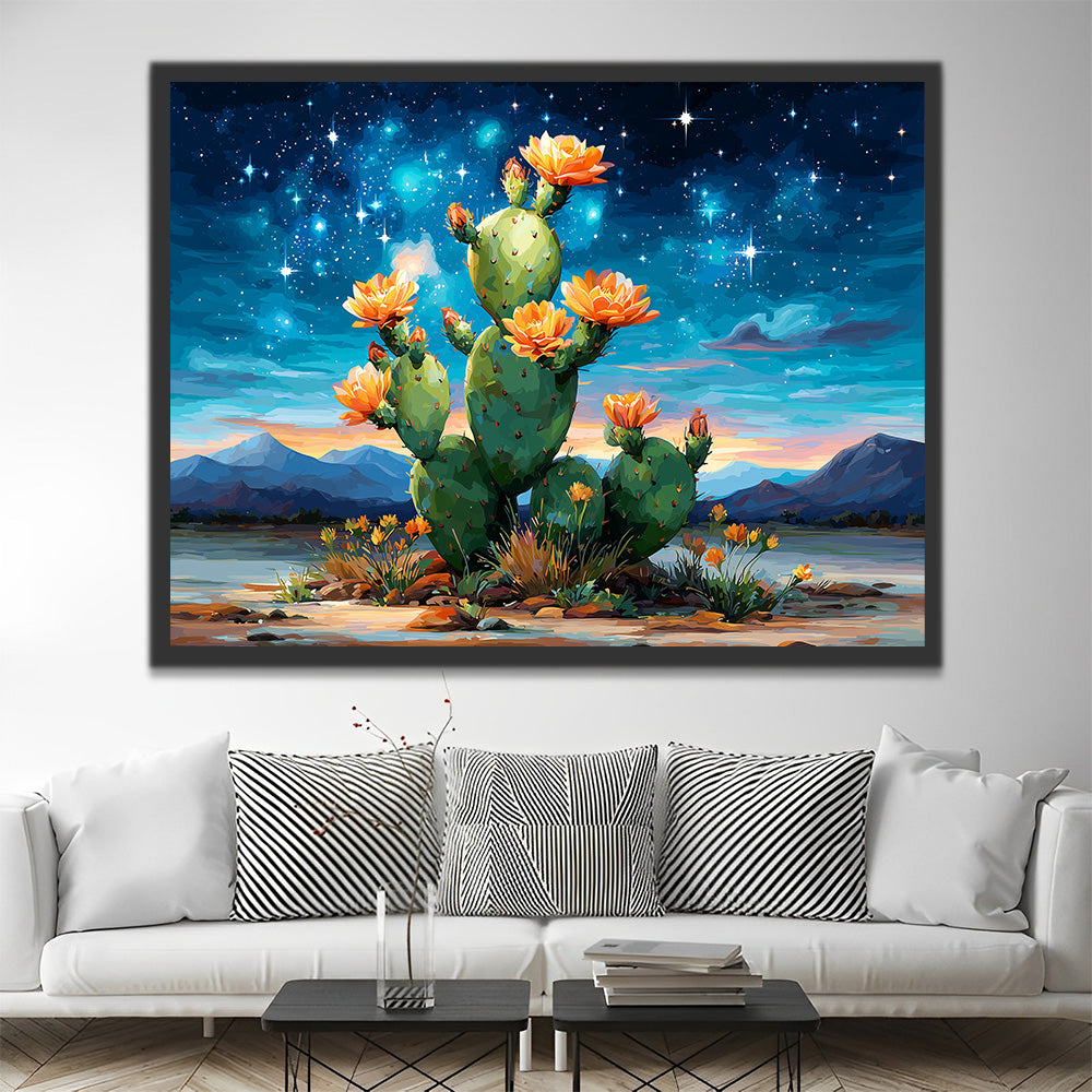 Cacto en Flor bajo el Cielo Estrellado Pintar por Números
