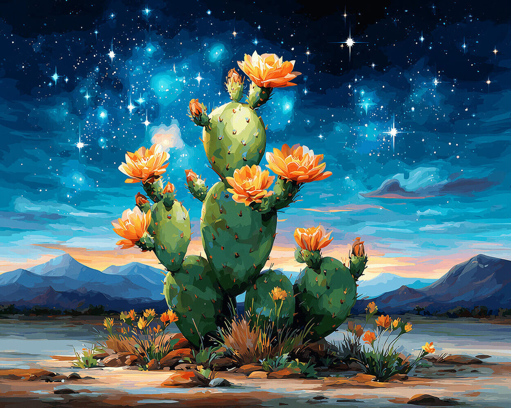 Cacto en Flor bajo el Cielo Estrellado Pintar por Números