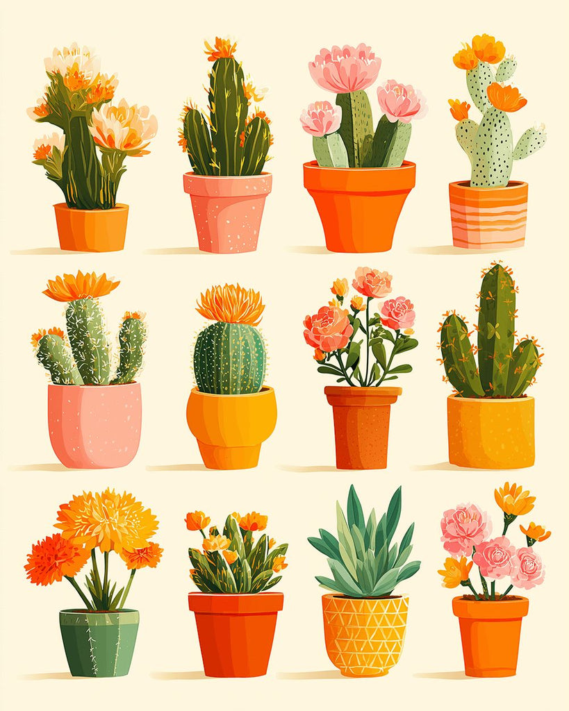 Cactus y Flores en Maceta Pintar por Números