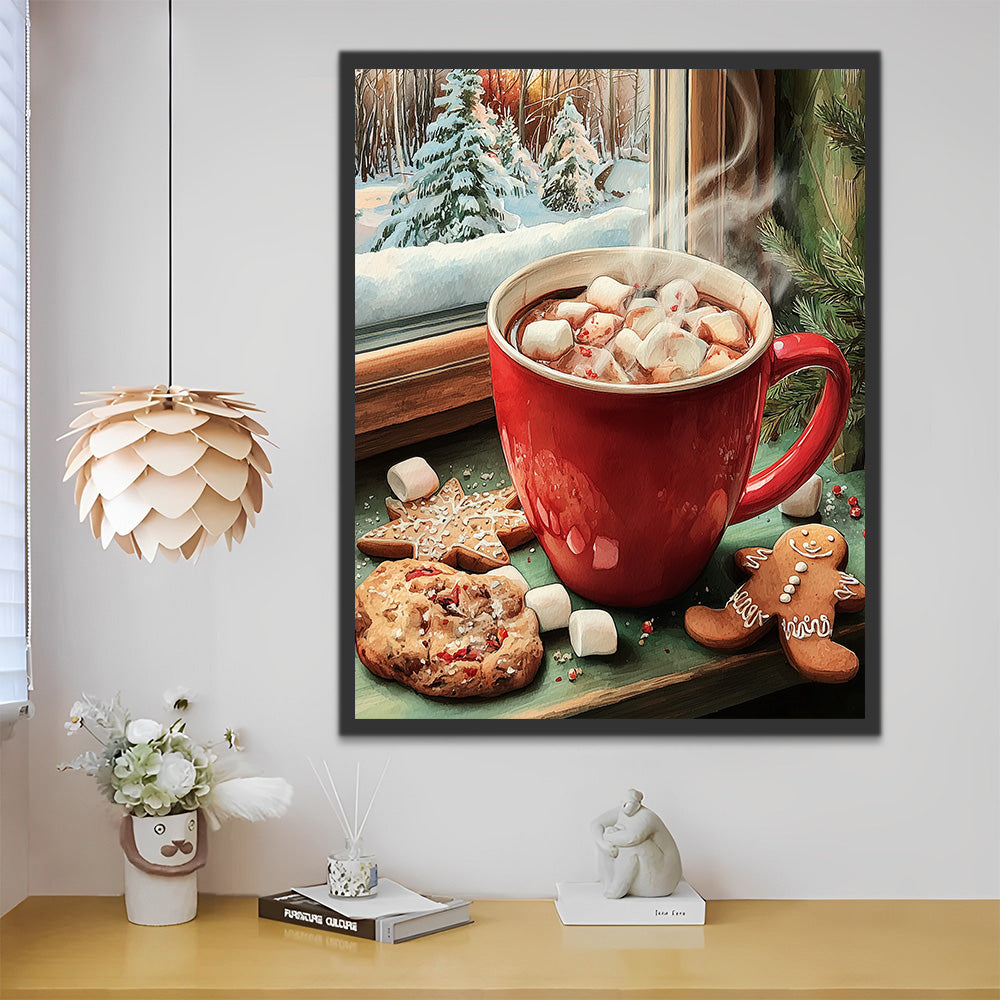 Café Navideño con Malvaviscos en el Alféizar Pintar por Números