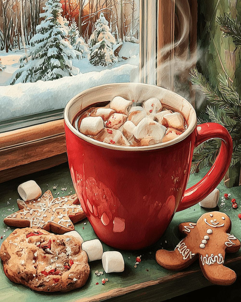 Café Navideño con Malvaviscos en el Alféizar Pintar por Números