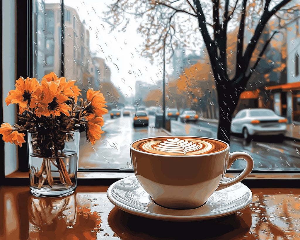 Café y Flores Naranjas en el Día Lluvioso Pintar por Números
