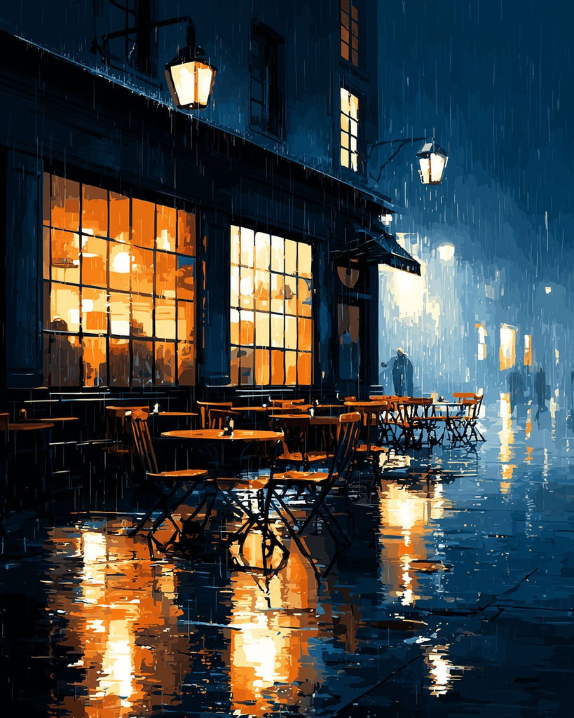 Cafetería de la Ciudad en la Lluvia Pintar por Números