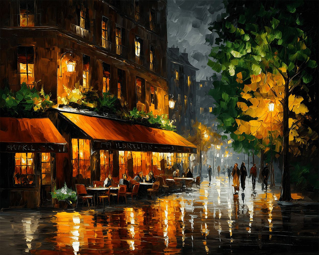 Cafetería en la Lluvia por la Noche Pintar por Números
