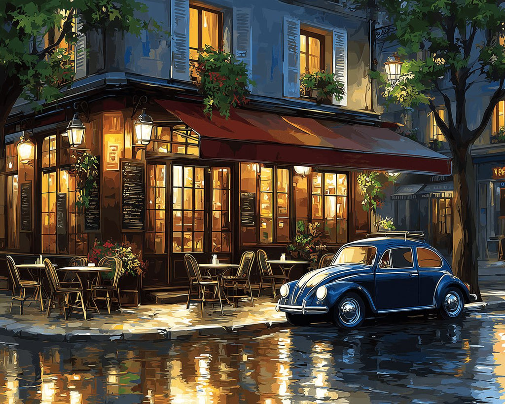 Cafetería y Coche bajo la Lluvia de Noche Pintar por Números