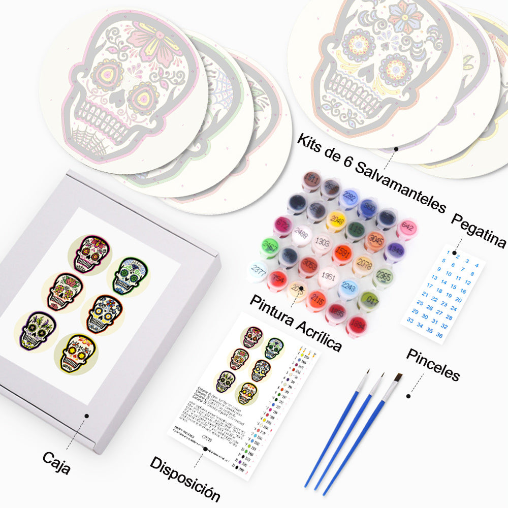 Calavera de Flores 6 Salvamanteles Pintar por Números