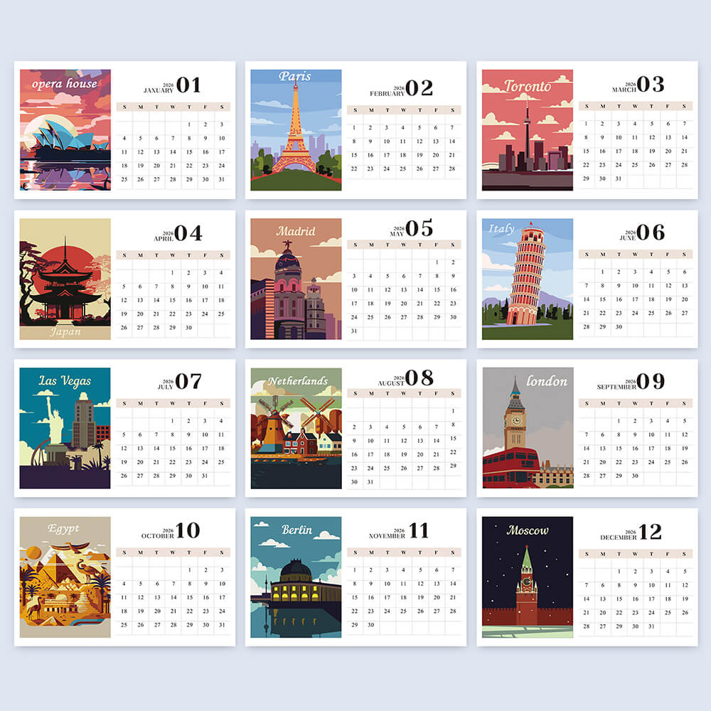 Calendario de Pared 2026 Pintar por Números | Símbolos Famosos de la Ciudad