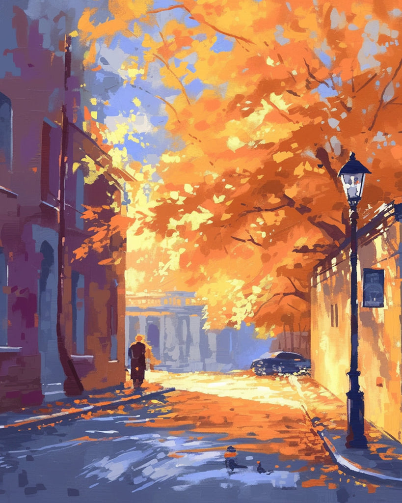 Calle con Árbol Otoñal al Sol Pintar por Números