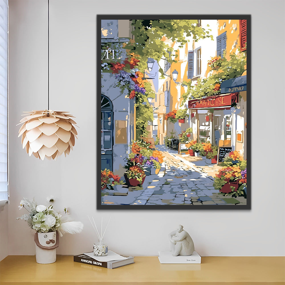 Calle Hermosa con Flores en la Ciudad Pintar por Números