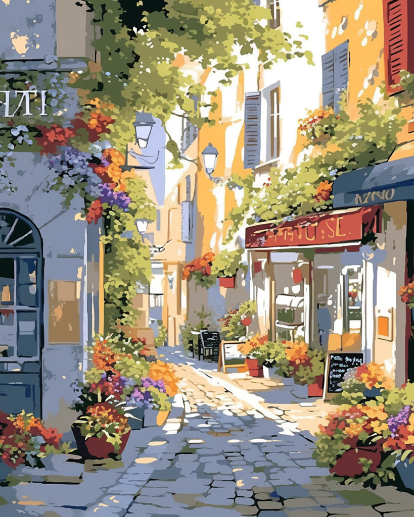 Calle Hermosa con Flores en la Ciudad Pintar por Números