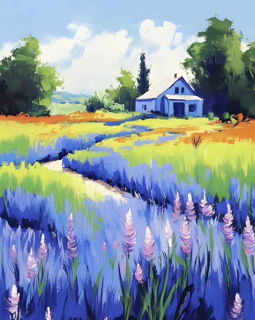 Camino en el Campo con Lavándula Hacia una Casa Pintar por Números