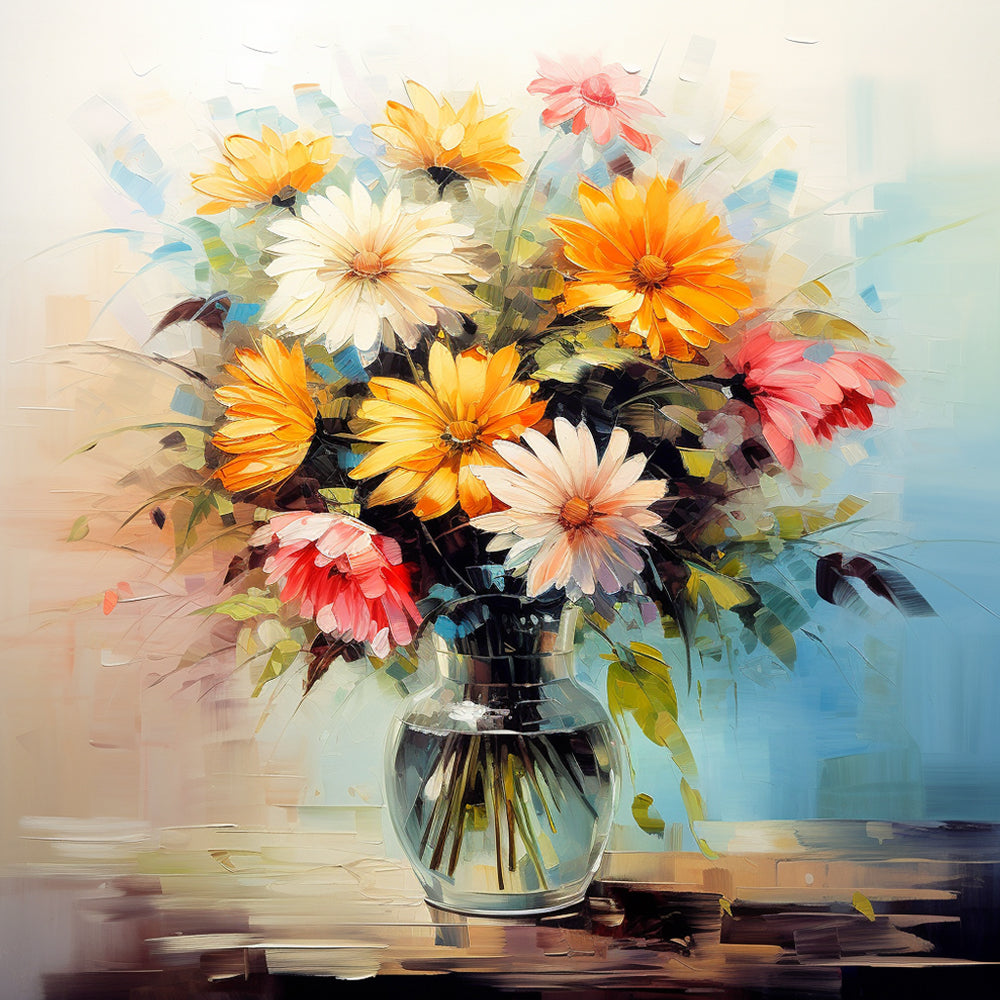 Camomilas de Colores Diferentes en Florero de Vidrio Pintar por Números