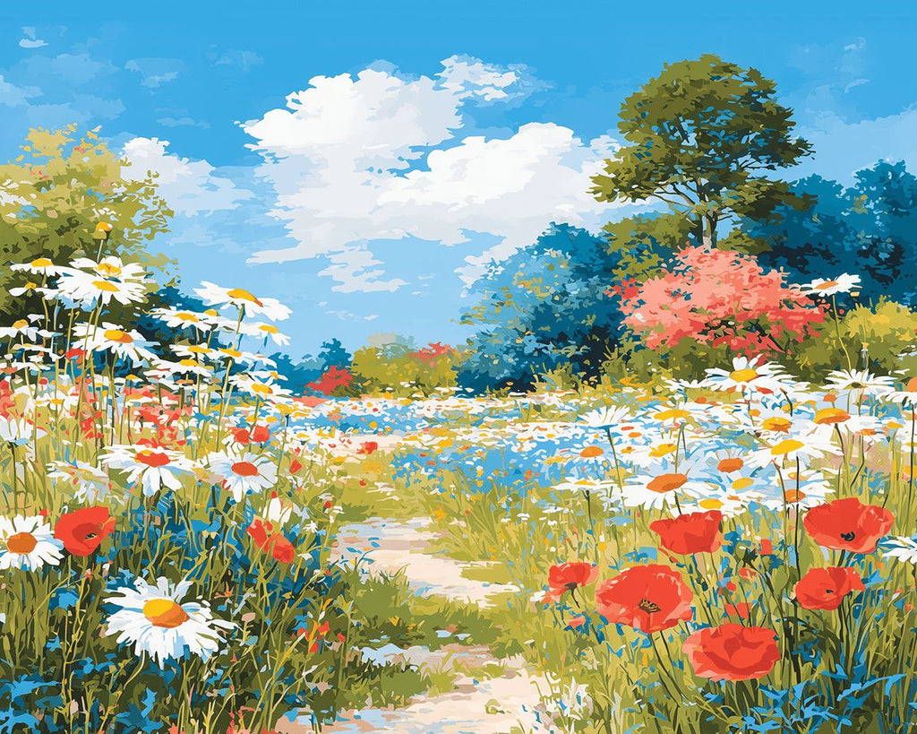 Campo de Crisantemos Blancos y Amapolas Rojas Pintar por Números