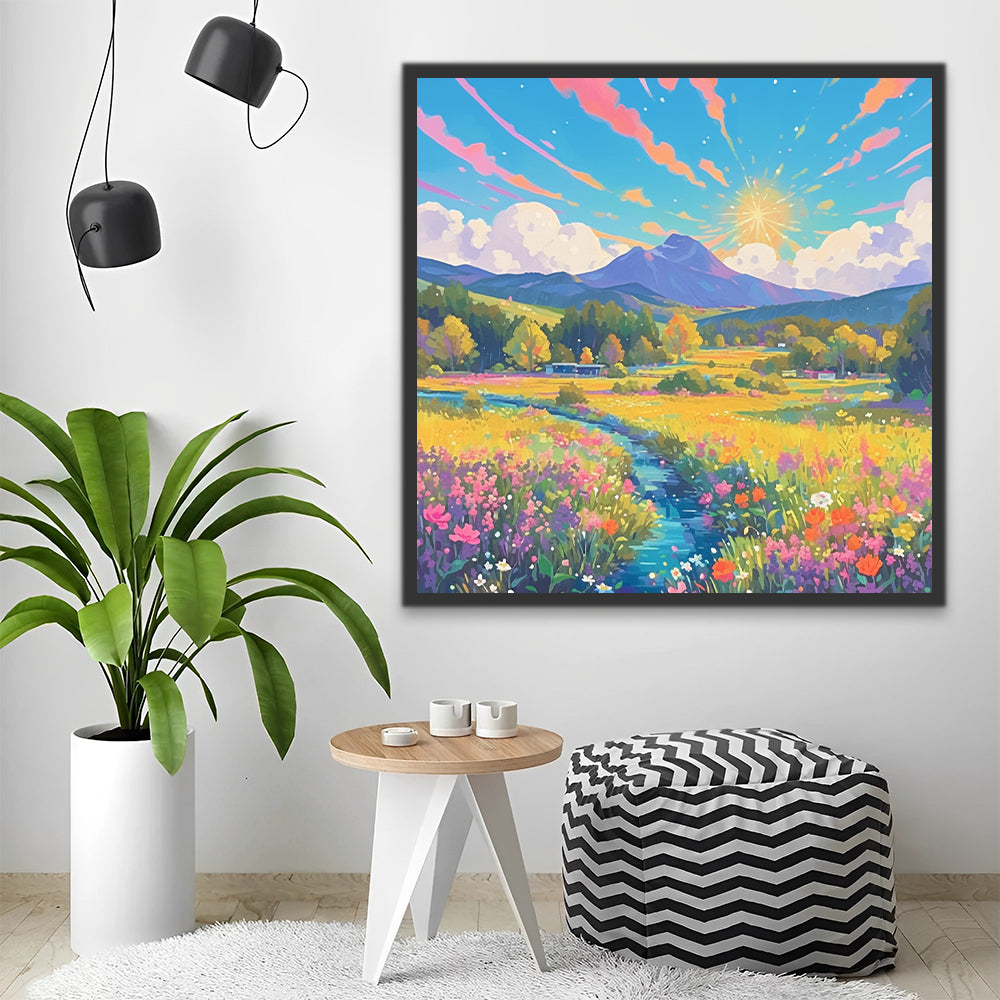 Campo de Flores y Arroyo entre Montañas Pintar por Números