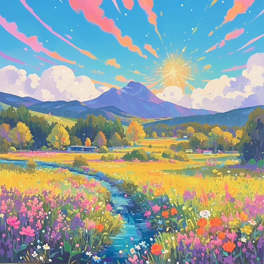Campo de Flores y Arroyo entre Montañas Pintar por Números