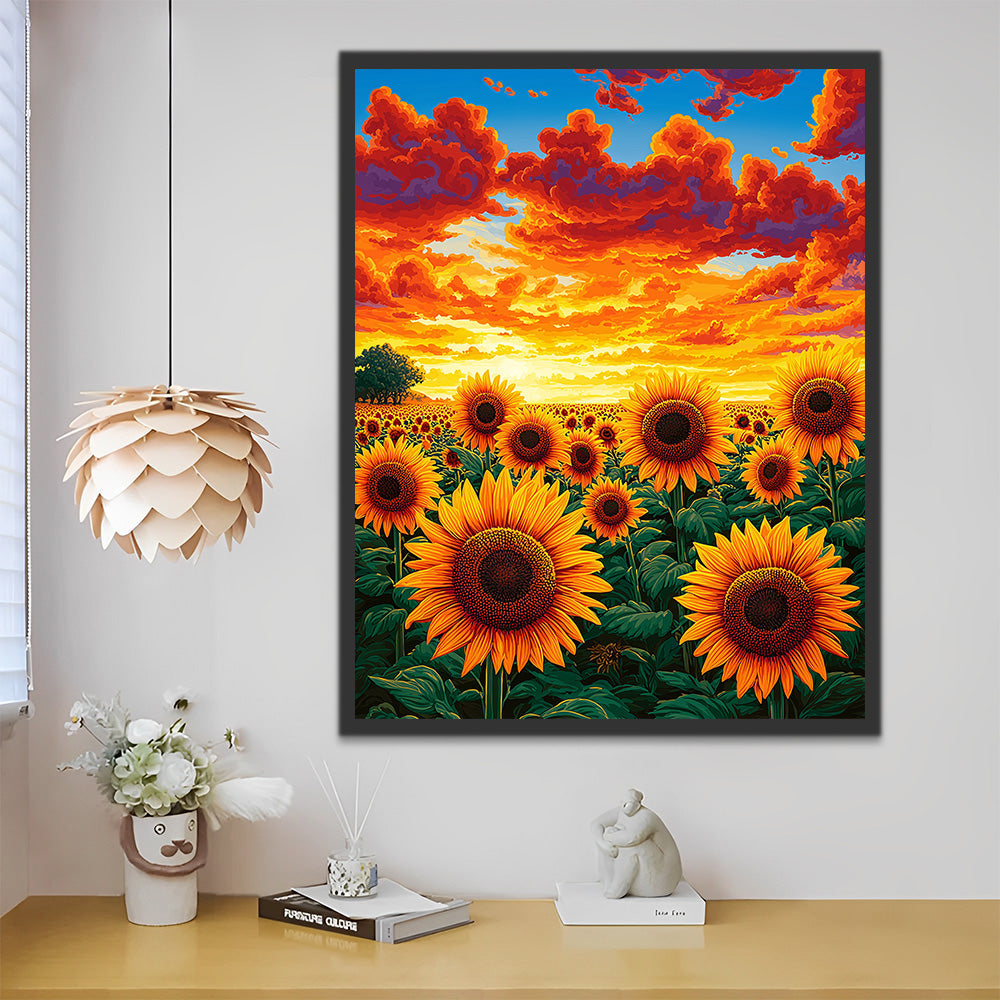 Campo de Girasoles bajo las Nubes de Fuego Pintar por Números