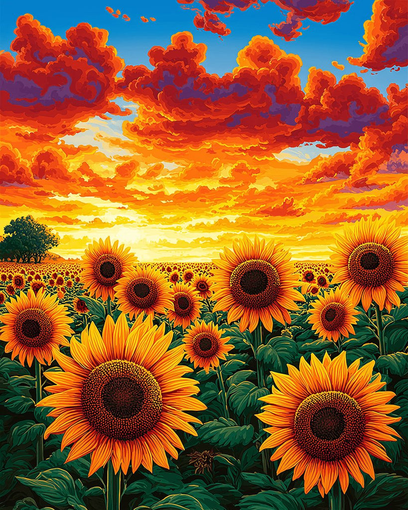 Campo de Girasoles bajo las Nubes de Fuego Pintar por Números