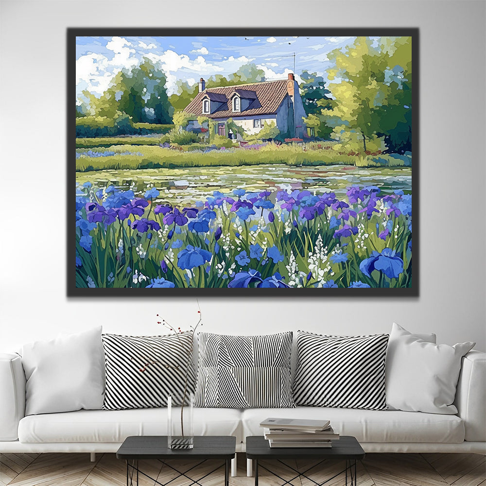 Campo Hermoso con Flores Moradas y Casa y Árboles Pintar por Números