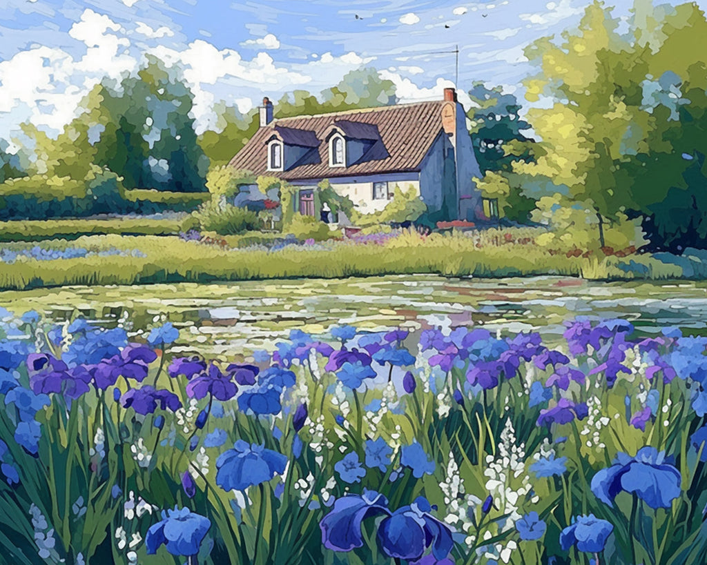 Campo Hermoso con Flores Moradas y Casa y Árboles Pintar por Números
