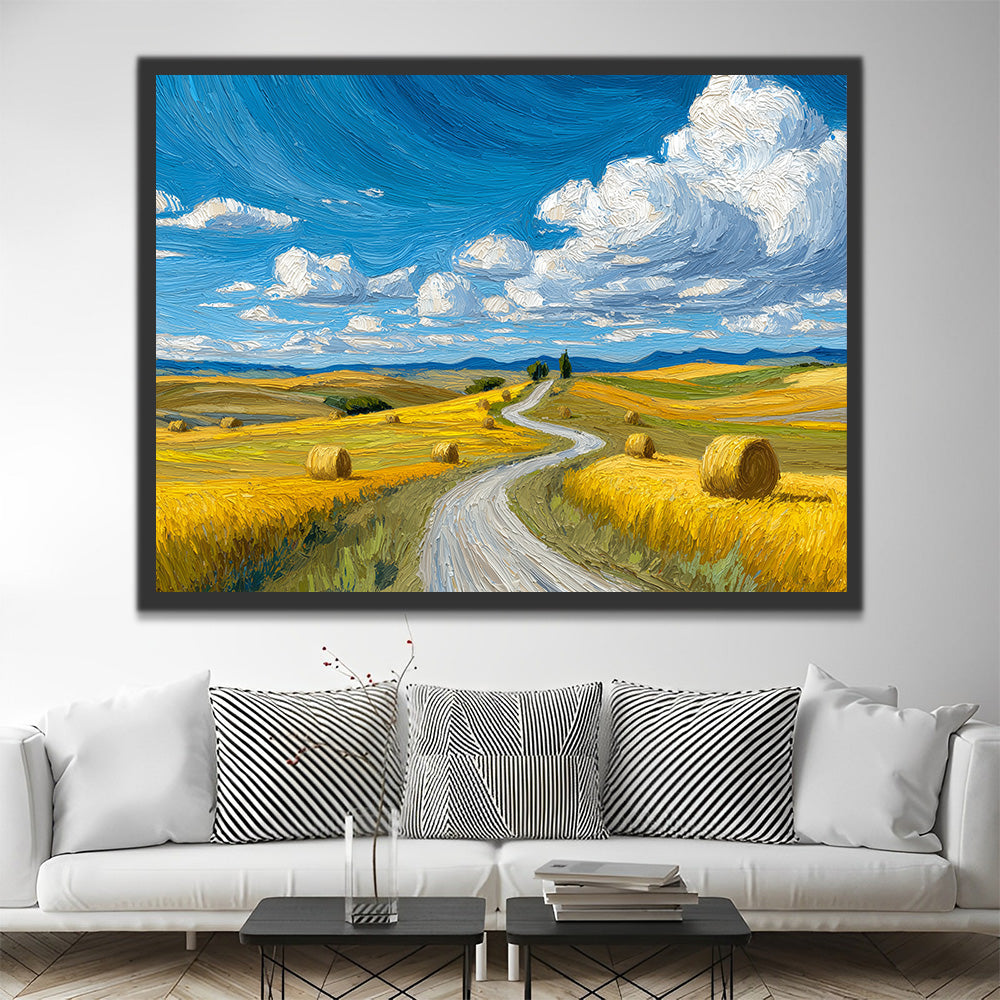 Campos Dorados bajo Cielo Azul y Nubes Blancas Pintar por Números