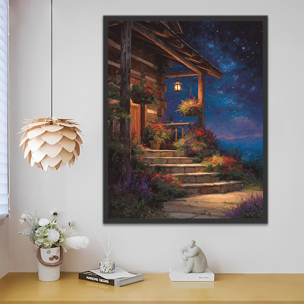 Casa de Madera Llena de Flores bajo el Cielo Nocturno Pintar por Números