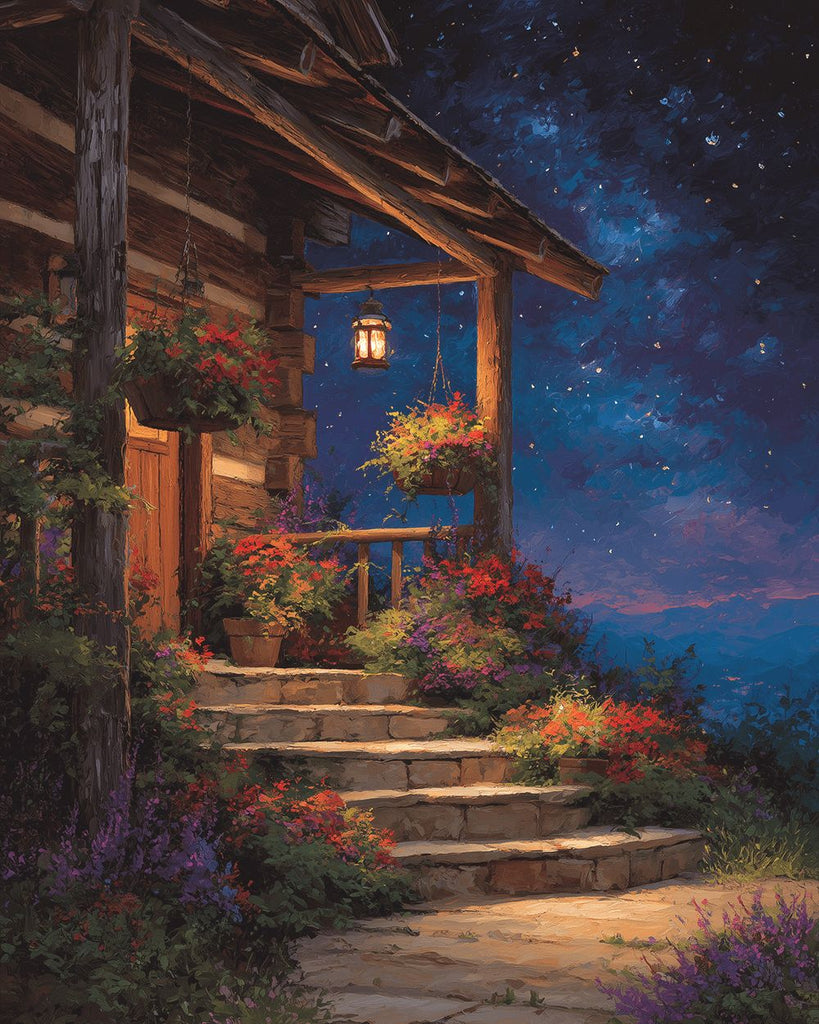 Casa de Madera Llena de Flores bajo el Cielo Nocturno Pintar por Números