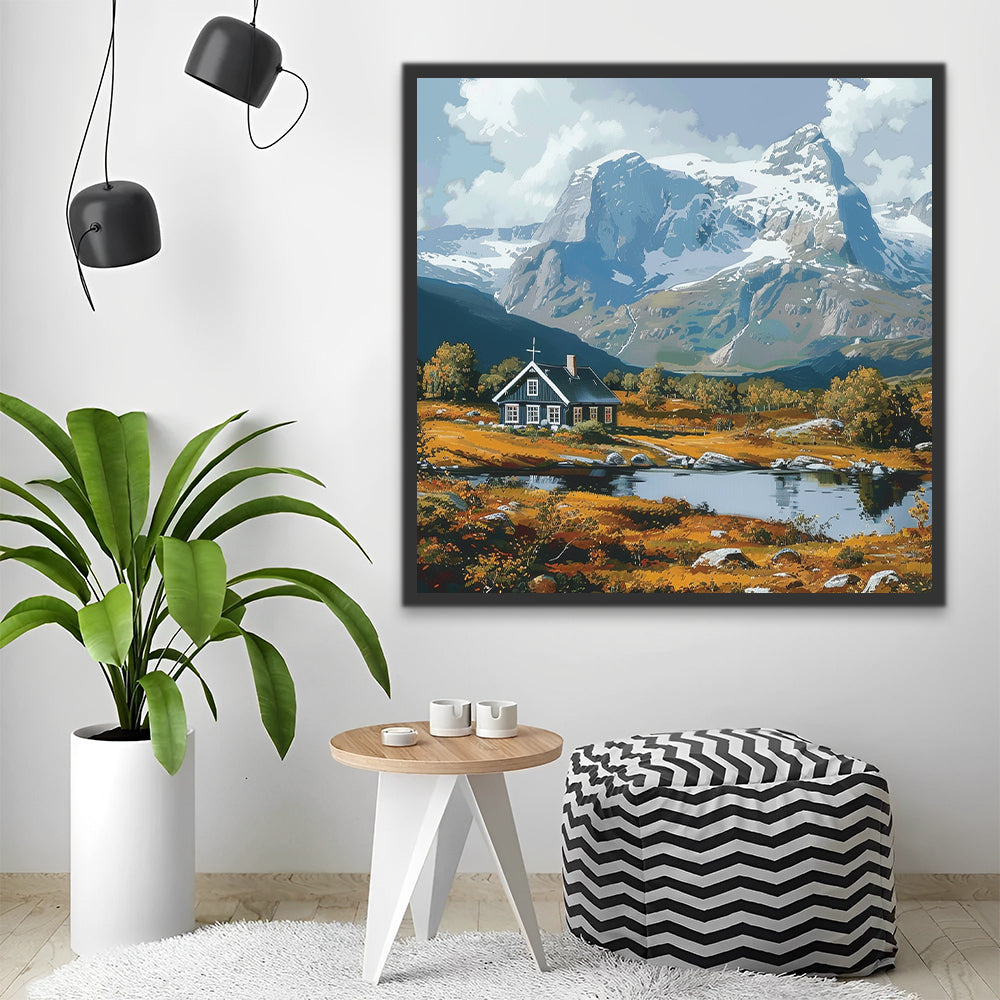 Casa en el Valle de Montañas Nevadas Pintar por Números