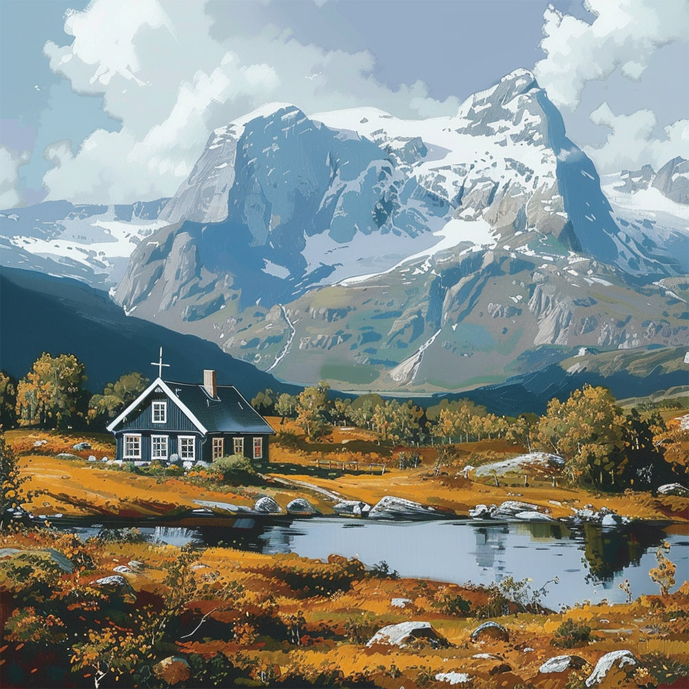 Casa en el Valle de Montañas Nevadas Pintar por Números