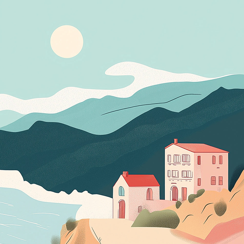 Casa Rosa al Lado de Mar en Montañas Mini Pintar por Números