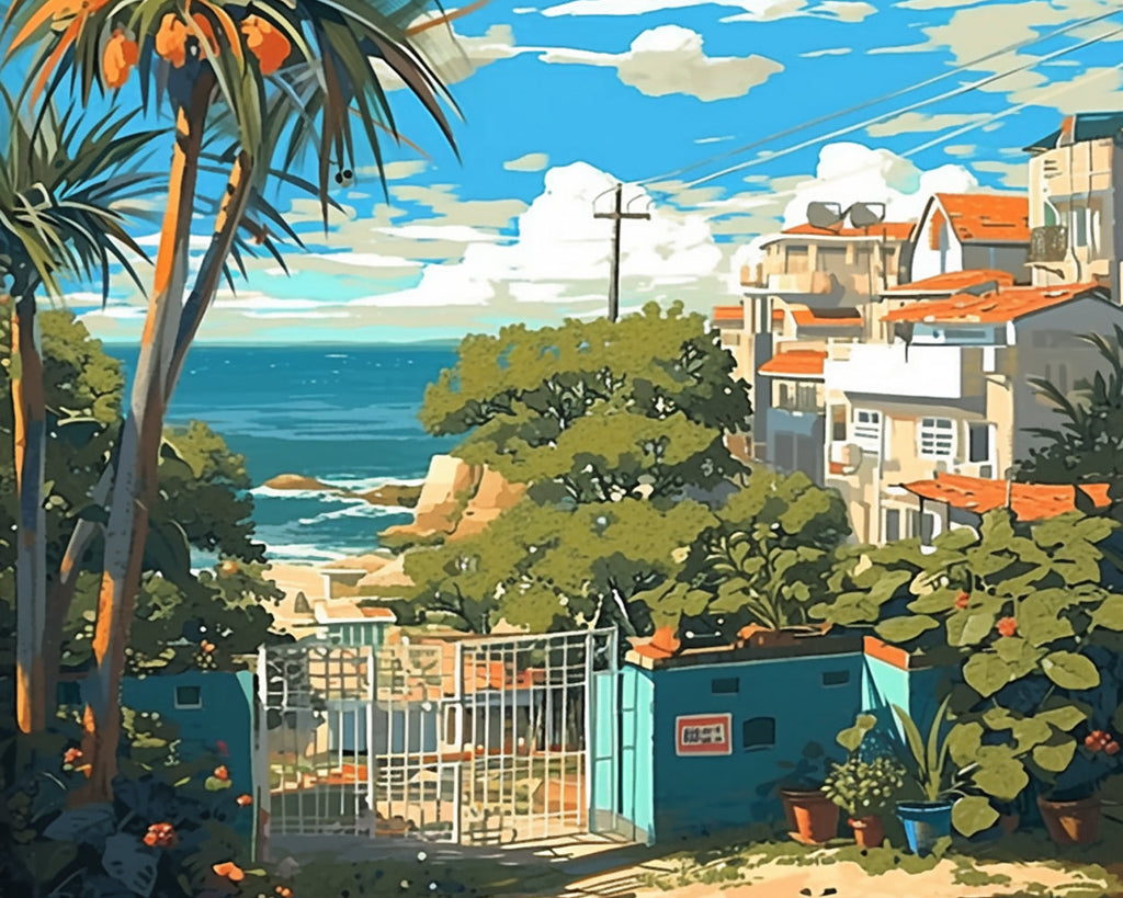 Casa y Plantas Verdes en la Costa Pintar por Números