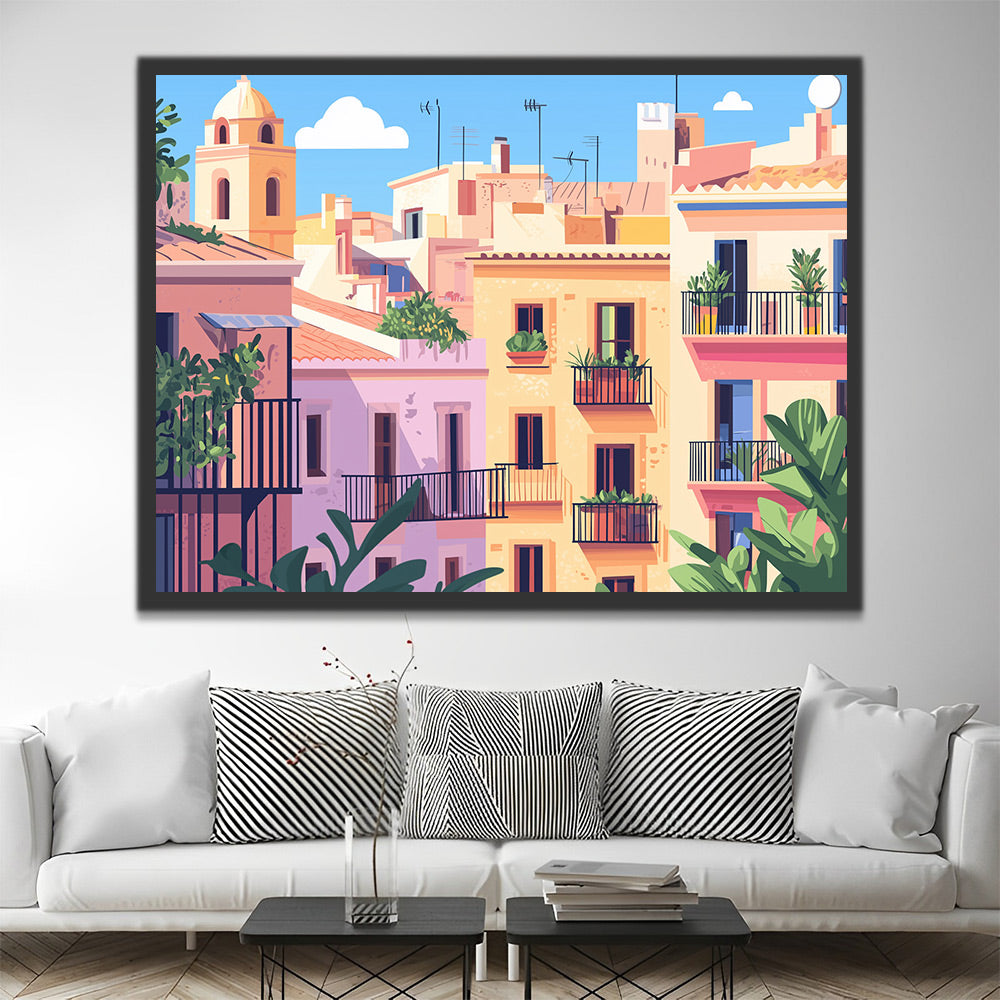Casas Coloridas con Flores en Balcón Pintar por Números