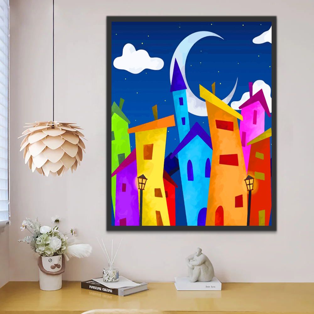 Casas Coloridas en la Noche Pintar por Números Niños