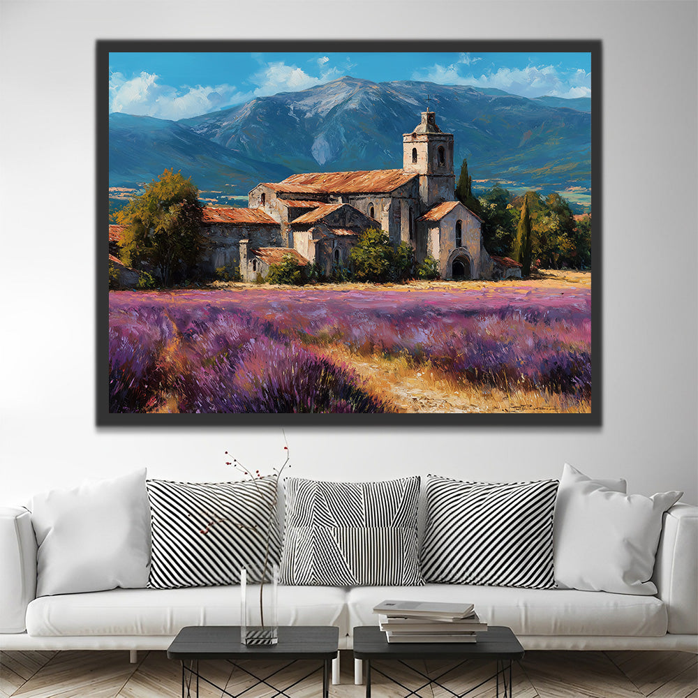 Casas de Piedras y Campo de Lavanda al Pie de la Montaña Pintar por Números