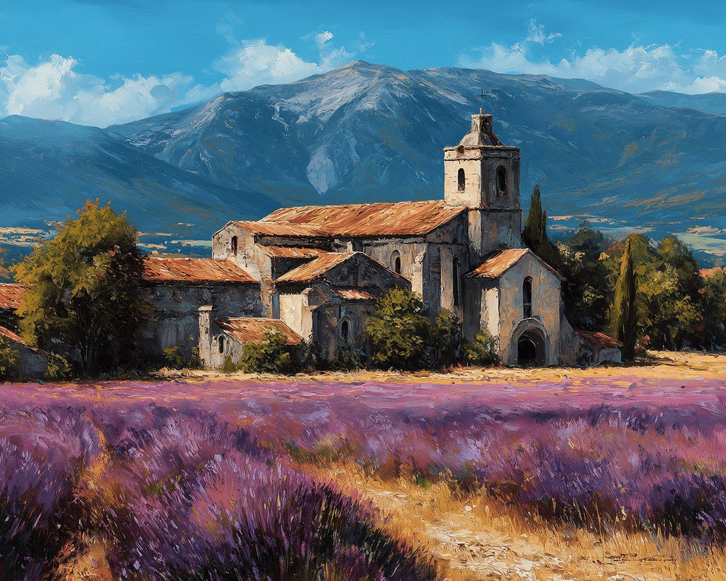 Casas de Piedras y Campo de Lavanda al Pie de la Montaña Pintar por Números