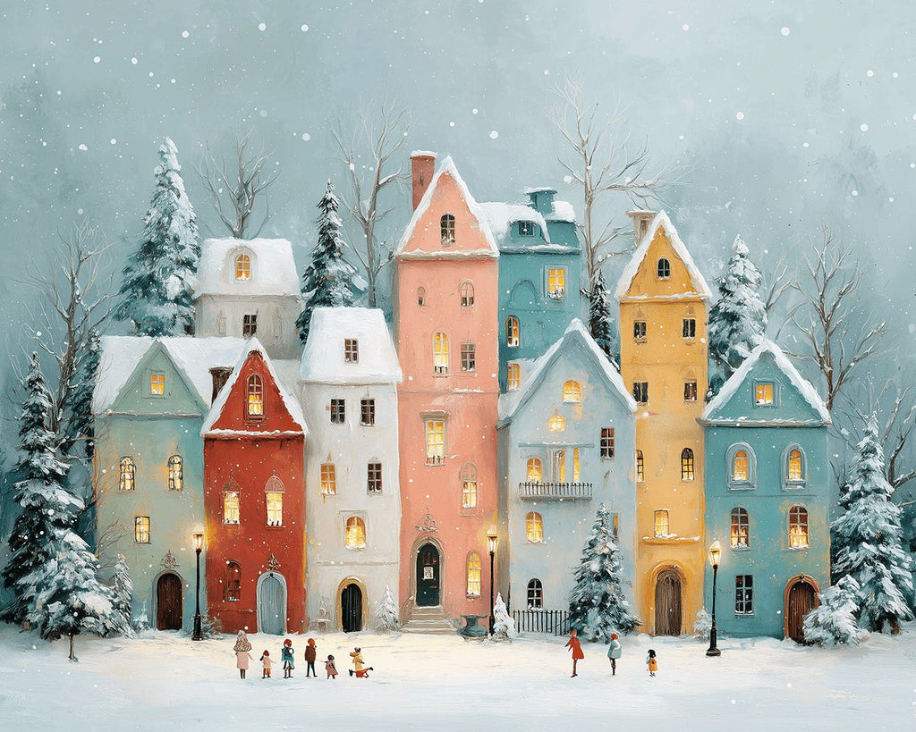 Casas Navideñas Coloridas y Niños en la Nieve Pintar por Números